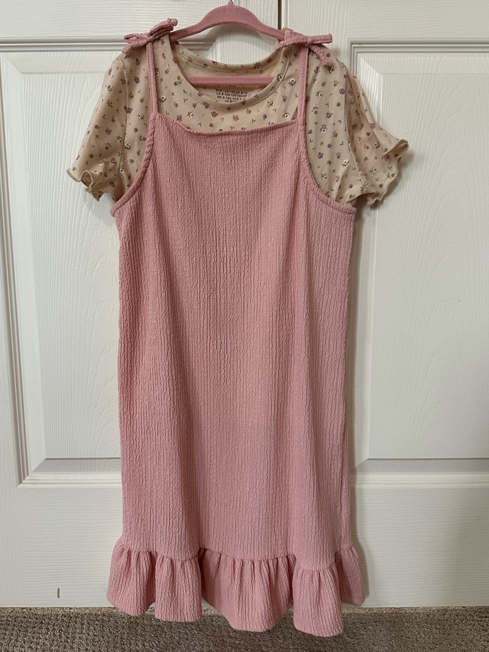H&M - Girls' Pink Ruffle-Hem Pinafore Dress with Floral Tee